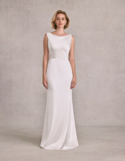 Sydnie morilee silk dress, fitted with high neck and open back