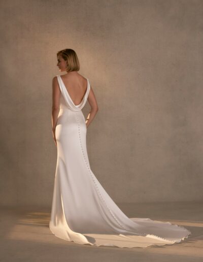 Syndie morilee silk dress, fitted with high neck and open back