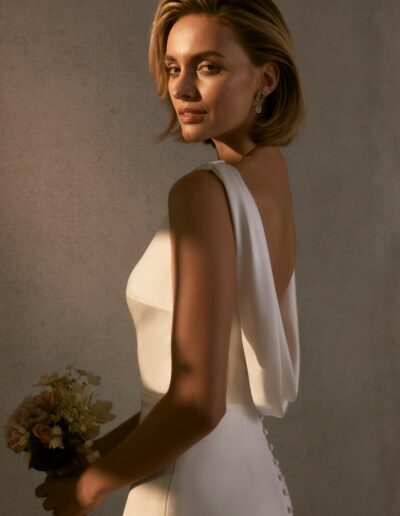 Sydnie morilee silk dress, fitted with high neck and open back