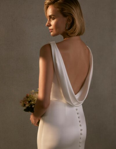 Sydnie morilee silk dress, fitted with high neck and open back