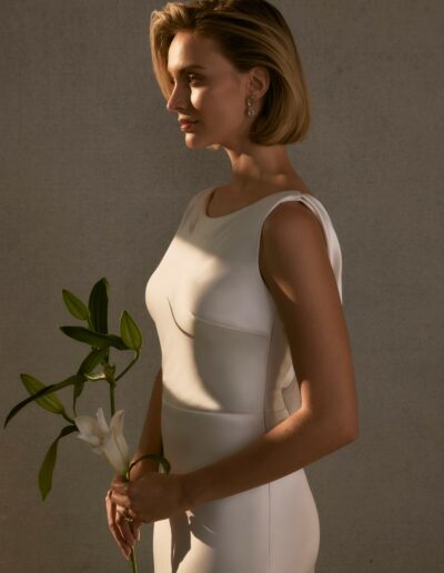 Sydnie morilee silk dress, fitted with high neck and open back