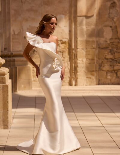 mikado wedding dress by morilee, strapless with ruffle feature and flowers