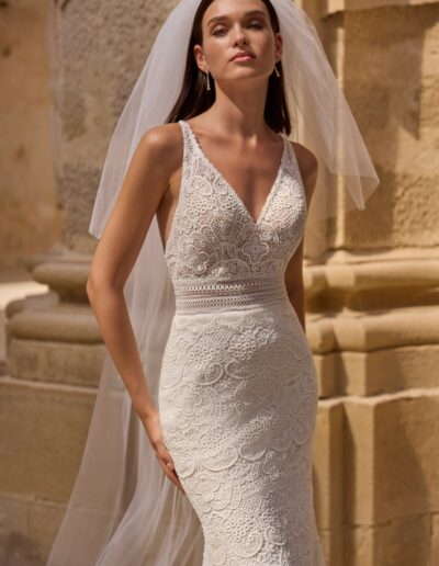 Morilee style, Hollis, a fitted boho wedding dress with straps