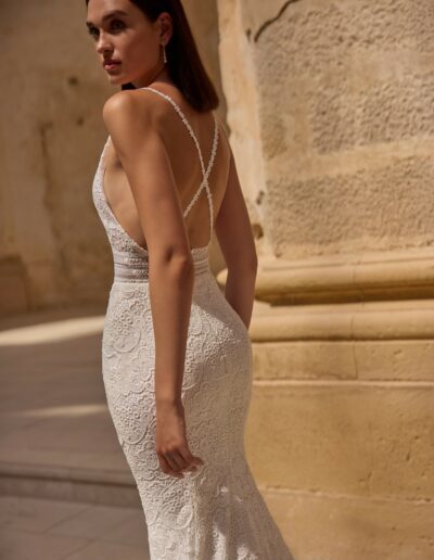 Morilee style, Hollis, a fitted boho wedding dress with straps