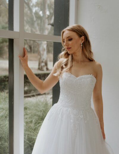 Beaded lace wedding dress with tulle skirt, lace up back