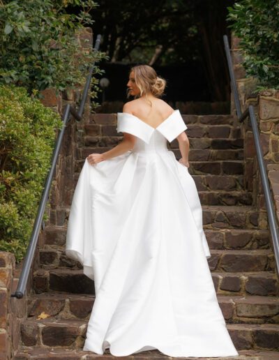 Kyah, mikado wedding dress with sleeves and split, ivory bridal gown