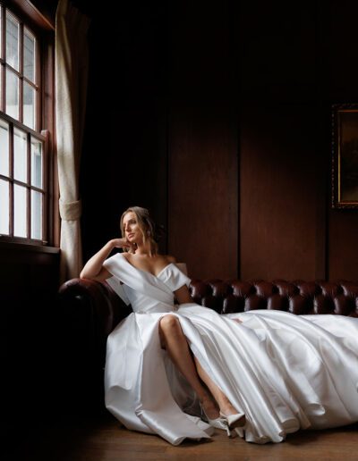 Kyah, mikado wedding dress with sleeves and split, ivory bridal gown