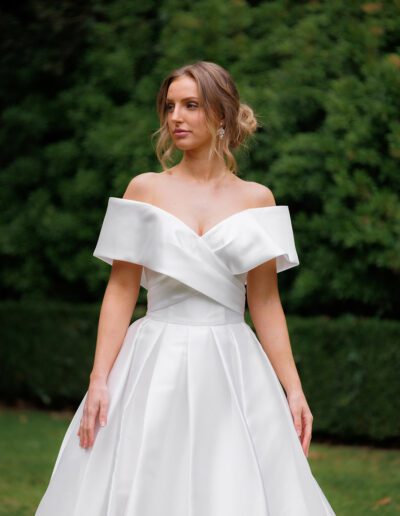 Kyah, mikado wedding dress with sleeves and split, ivory bridal gown