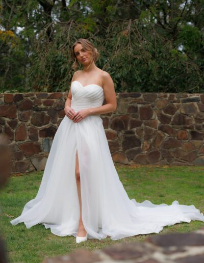 Nova, pure ivory organza wedding dress with split, beach wedding vibes