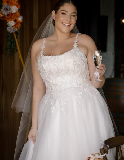 Bridal dress with lace bodice, square neckline and organza skirt