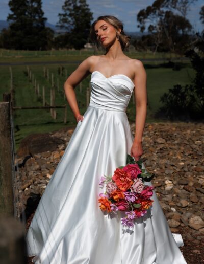 Strapless satin wedding dress, with pocket, Essa label, bridal inspiration