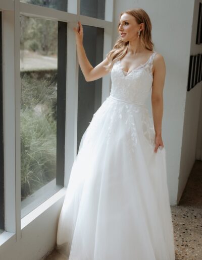 Vine dress by Essa, gorgeous wedding dress with lace appliques and soft tulle skirt