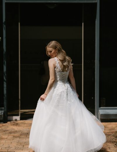 Vine dress by Essa, gorgeous wedding dress with lace appliques and soft tulle skirt